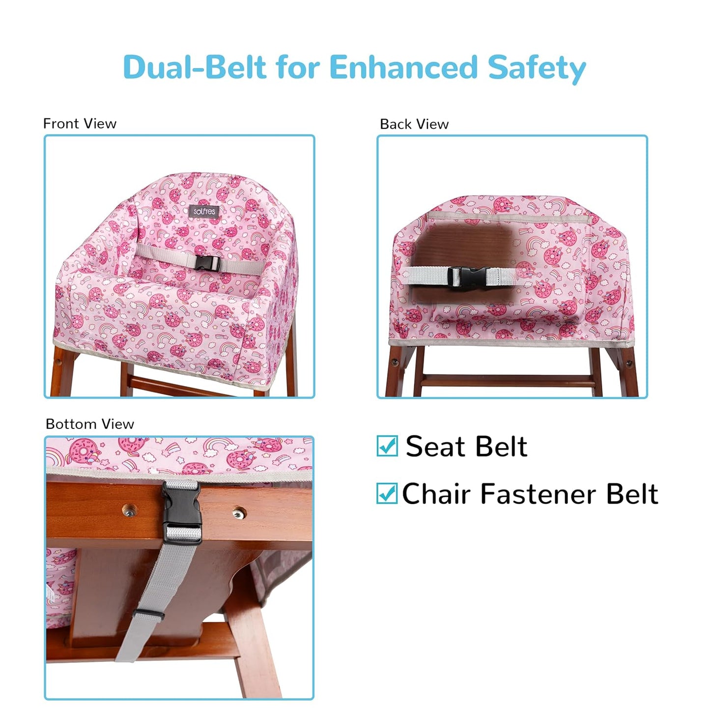 Solfres Dual-Belt High Chair Cover, Baby High Chair Cover, Upgrade Version, for Wooden or Restaurant High Chair, Sturdy and Robust Material, Rainbow Unicorn Donut