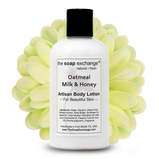 The Soap Exchange Body Lotion - Oatmeal, Milk & Honey Scent - Hand Crafted 8 fl oz / 240 ml Natural Artisan Skin Care for Hand, Face, & Body, Moisturize, Hydrate, & Protect. Made in the USA.