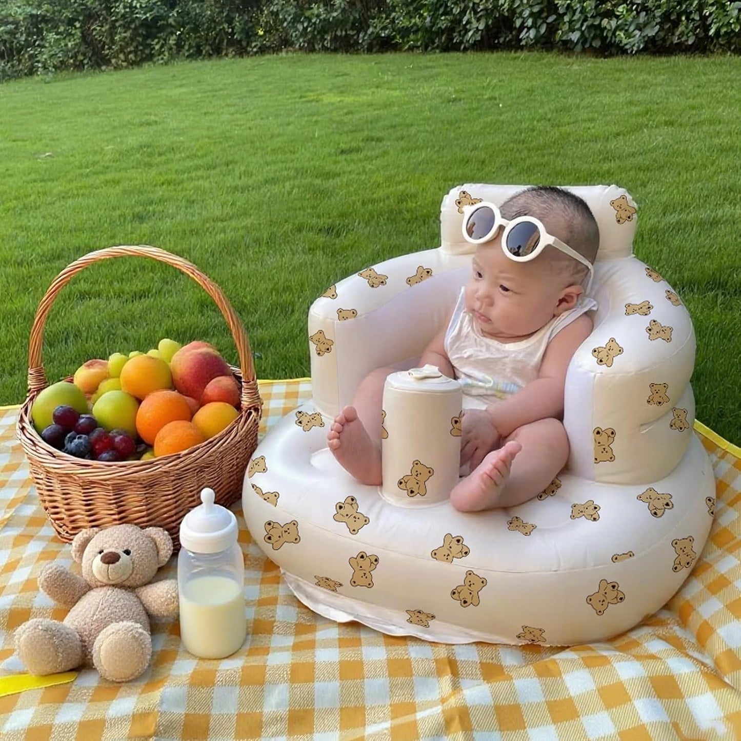 Blow Up Seat for Baby, Inflatable Baby Chair 3 Months & Up, Chair for Babies Sitting Up with Built in Pump (Bear)