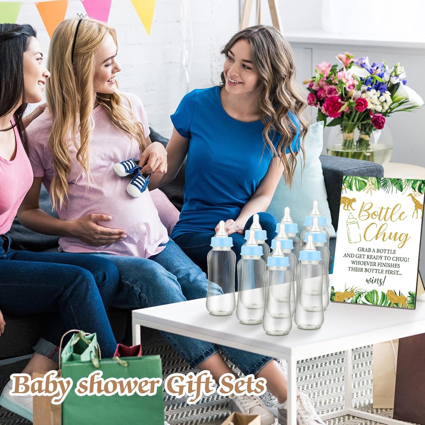 TrelaCo Safari Cool Baby Shower Games Bottle Chug Sign Wooden Jungle Animals Theme Gift Sets Gender Reveal Party Favors and 12 Pcs Baby Bottle Shower Favor for Games Gender Reveal