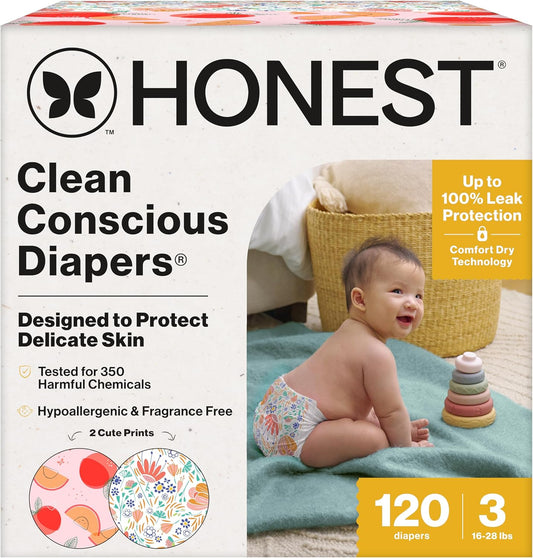 The Honest Company Clean Conscious Diapers for Sensitive Skin, Up to 100% Leakproof Hypoallergenic Fragrance-Free Baby Diapers, Girl Prints, Super Club Box, Size 3 (16–28 lbs), 120 Count (Prints Vary)