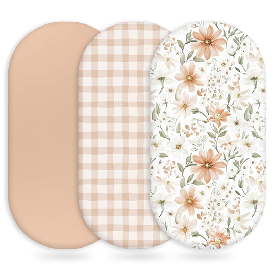 Baby Bassinet Sheets Girl Boy, Fitted Bassinet Sheet Set 3 Pack Bassinet Mattress Sheets Universal Fit for Rectangle, Round, Oval, Hourglass Mattress, Soft Breathable Orange Flowers & Plaid