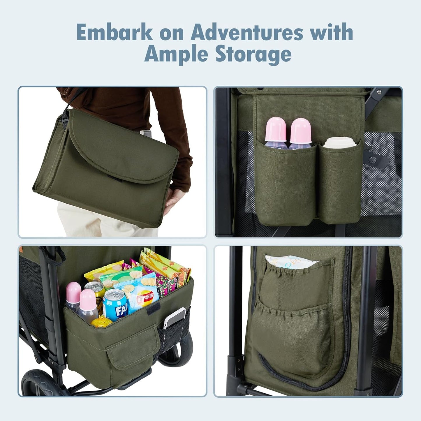 Wagon Stroller for 2 Kids, High Seat & 5 Point Harness, Foldable All-Terrain Wagon for Toddler with Canopy, Parent Organizer, Shoulder Bag, Adjustable Handlebar, Ultimate Double (Green)