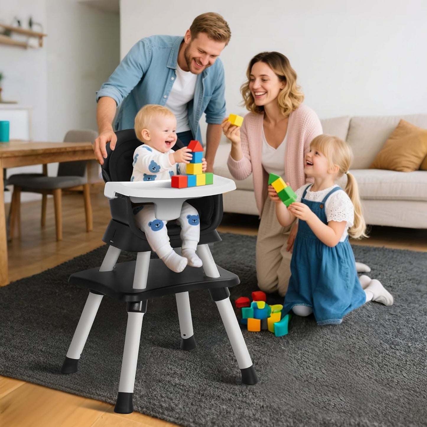 Baby High Chair, 8 in 1 Convertible Highchairs for Babies and Toddlers, Children Dining Booster Seat/Kids Building Block Table for Girls Boys, Baby Seat with Removable Tray, Black