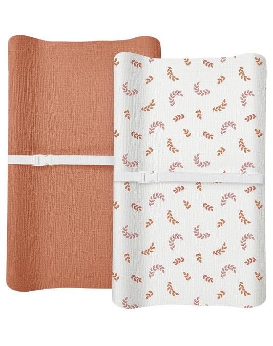 Changing Pad Cover for Baby Boy Girl 2 Pack, Muslin Changing Table Pad Covers with Boho Style, Neutral Nursery Bedding Essentials Soft and Breathable(Brick & Leaf)