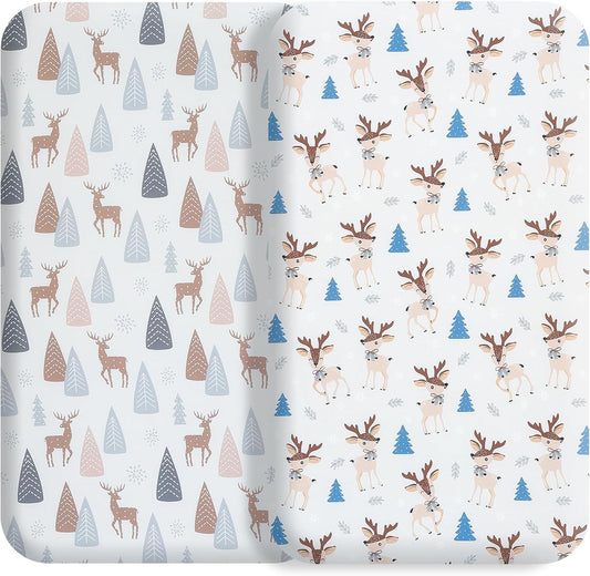 Bassinet Bed Sheet Set 2 Pcs Fits Rectangle Oval Halo Hourglass Mattress Stretchy Bassinet Bed Sheet Soft and Comfortable (Deer Park) (Lulu Paradise)