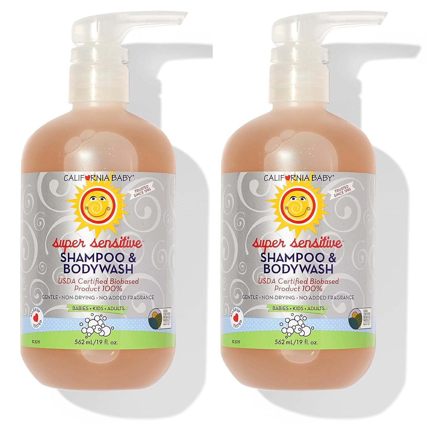 California Baby Super Sensitive Baby Shampoo + Baby Wash | 100% Plant-Based | Unscented Body Wash For Sensitive Skin | Hypoallergenic | 19 oz (2-Pack)
