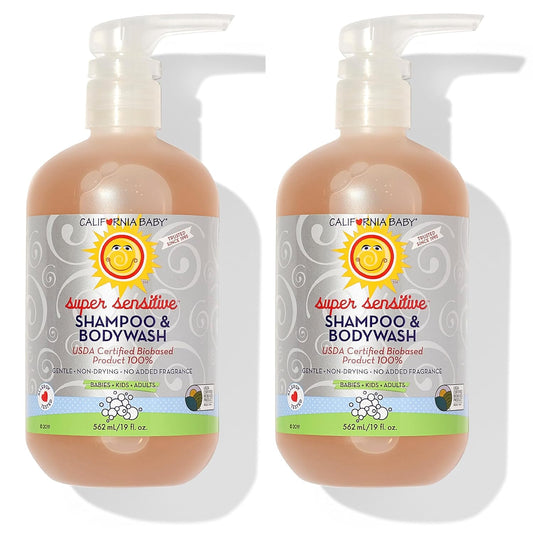 California Baby Super Sensitive Baby Shampoo + Baby Wash | 100% Plant-Based | Unscented Body Wash For Sensitive Skin | Hypoallergenic | 19 oz (2-Pack)