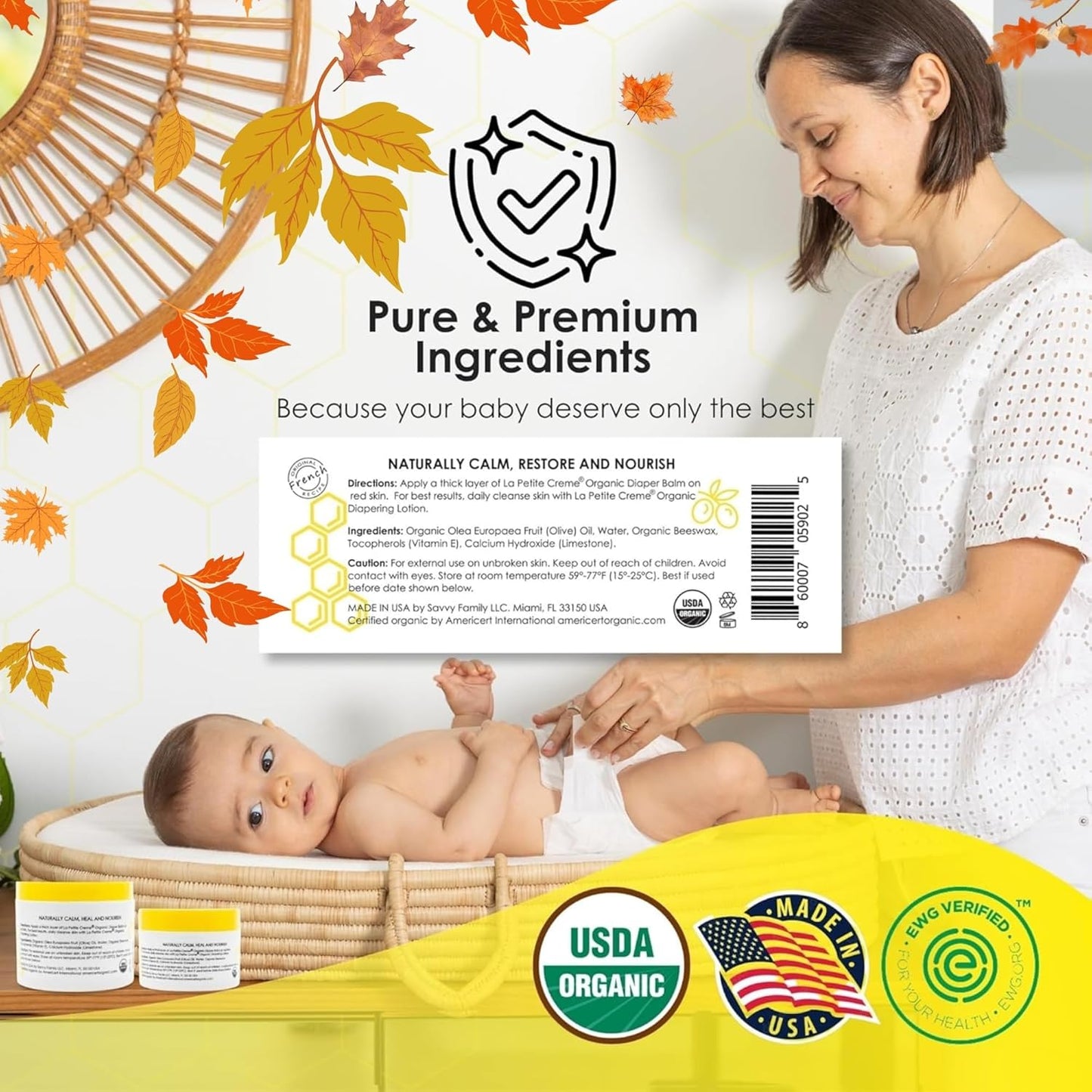 La Petite Creme French Organic Diaper Balm (4 oz) - Healing & Nourishing Diaper Cream - Gentle & Safe Liniment Baby Lotion - USDA Certified Organic - Baby Essentials for Newborn