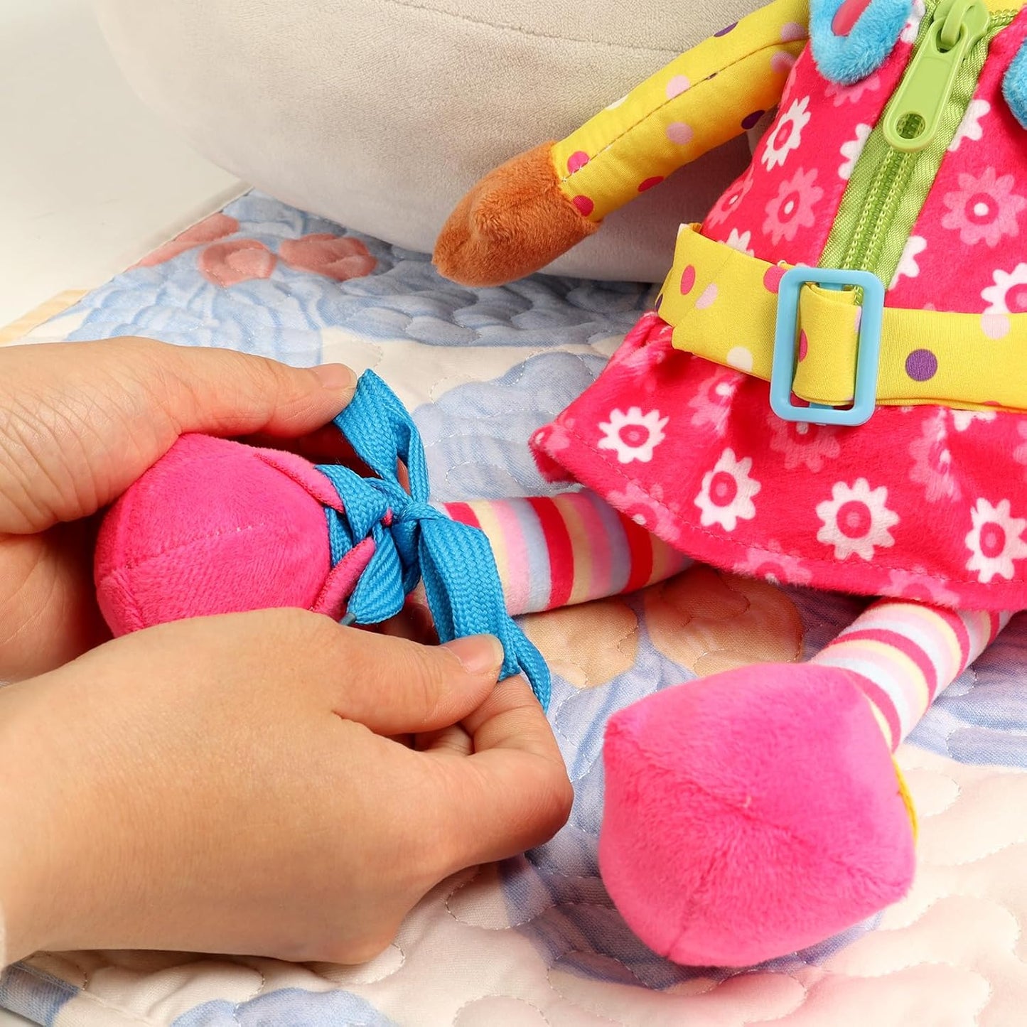 Sugar Snap Plush Doll for Toddlers Learn to Dress Montessori Toy - Dress Me Doll - Zipper, Snaps, Buttons, Buckle - Educational Toy for 2 3 Year Old Girl - Montessori Doll - 15" - Purple Dress