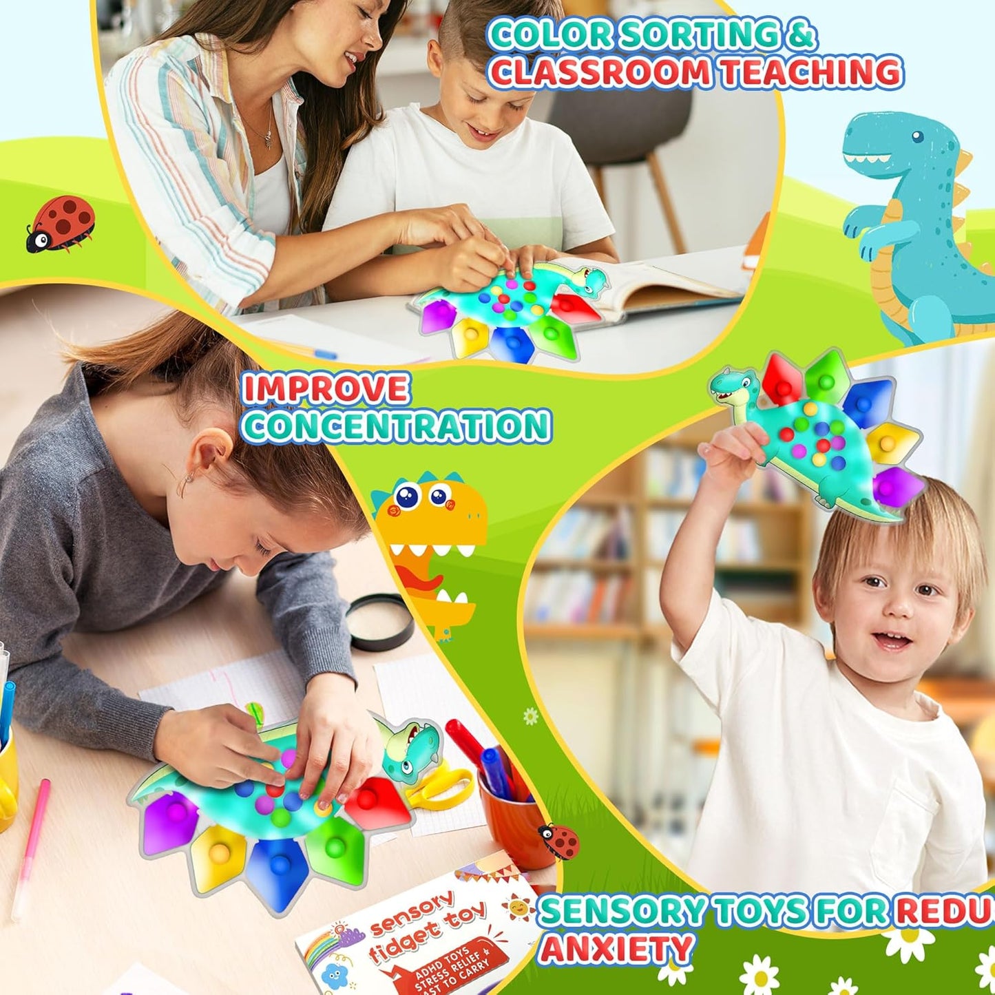 4PC Dinosaur Color Sorting Sensory Toys, Montessori Toys for Toddler Fine Motor Skill Game Learning Activities Quiet Calm Down Fidgets for Classroom Stocking Stuffers for 3 4 5 Year Old Kid Travel Toy