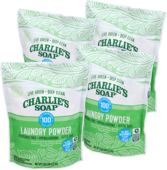 Charlie’s Soap Laundry Powder (100 Loads, 4 Pack) Deep Cleaning Washing Powder Detergent – Eco-Friendly, Safe, and Effective