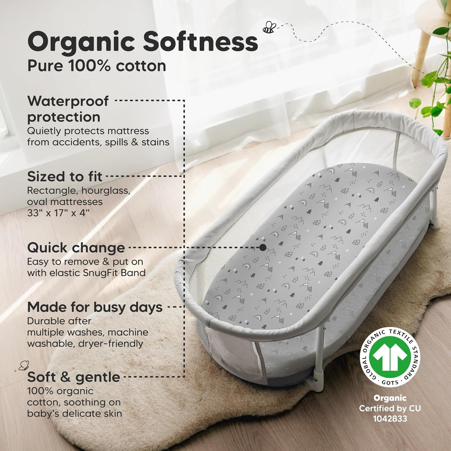 2-pk Waterproof Bassinet Sheets Girls, Boys, Cotton - 33x17 Universal Bassinet Mattress Pad Protector Cover, Compatible with Graco,Baby Delight,Chicco,Halo Bassinest Swivel Sleeper Fitted (Woodland)