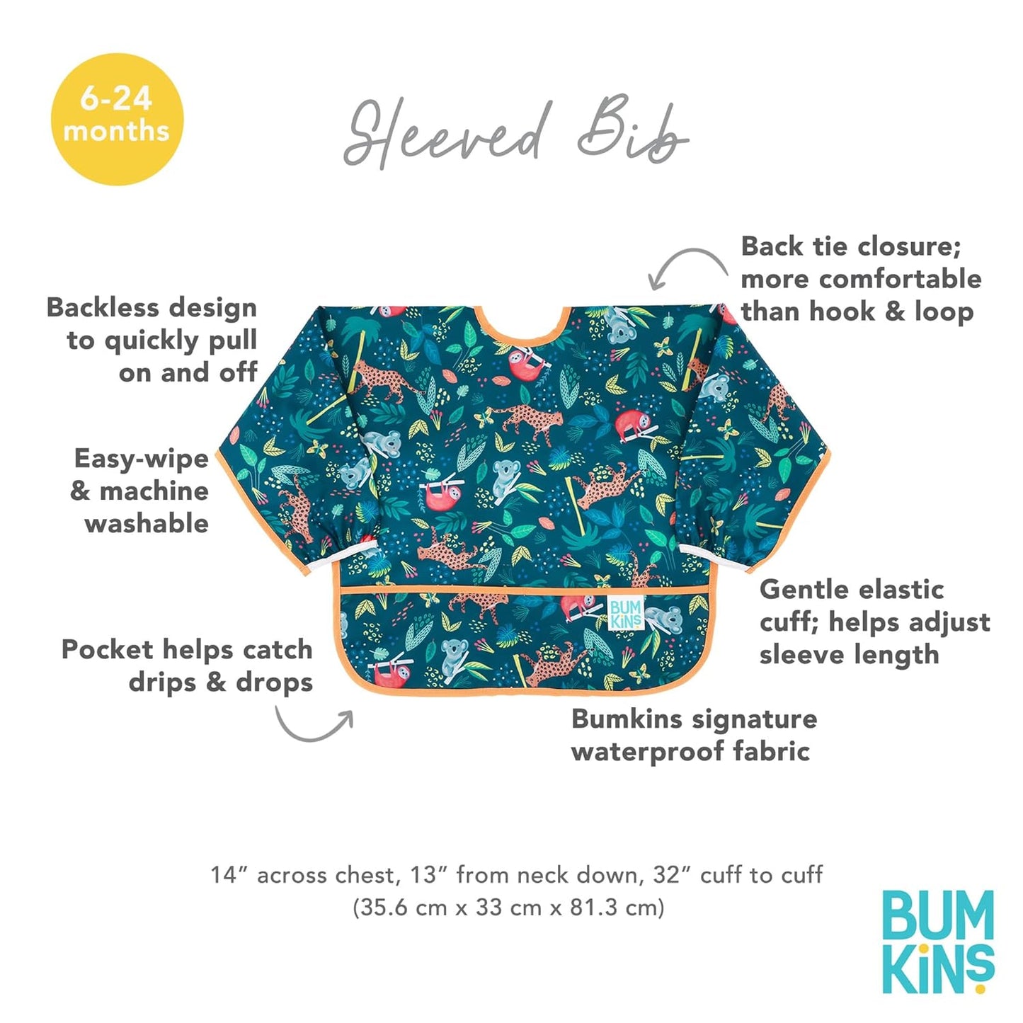 Bumkins Sleeved Bib, Waterproof Fabric, Jungle & Animal, 2-pack