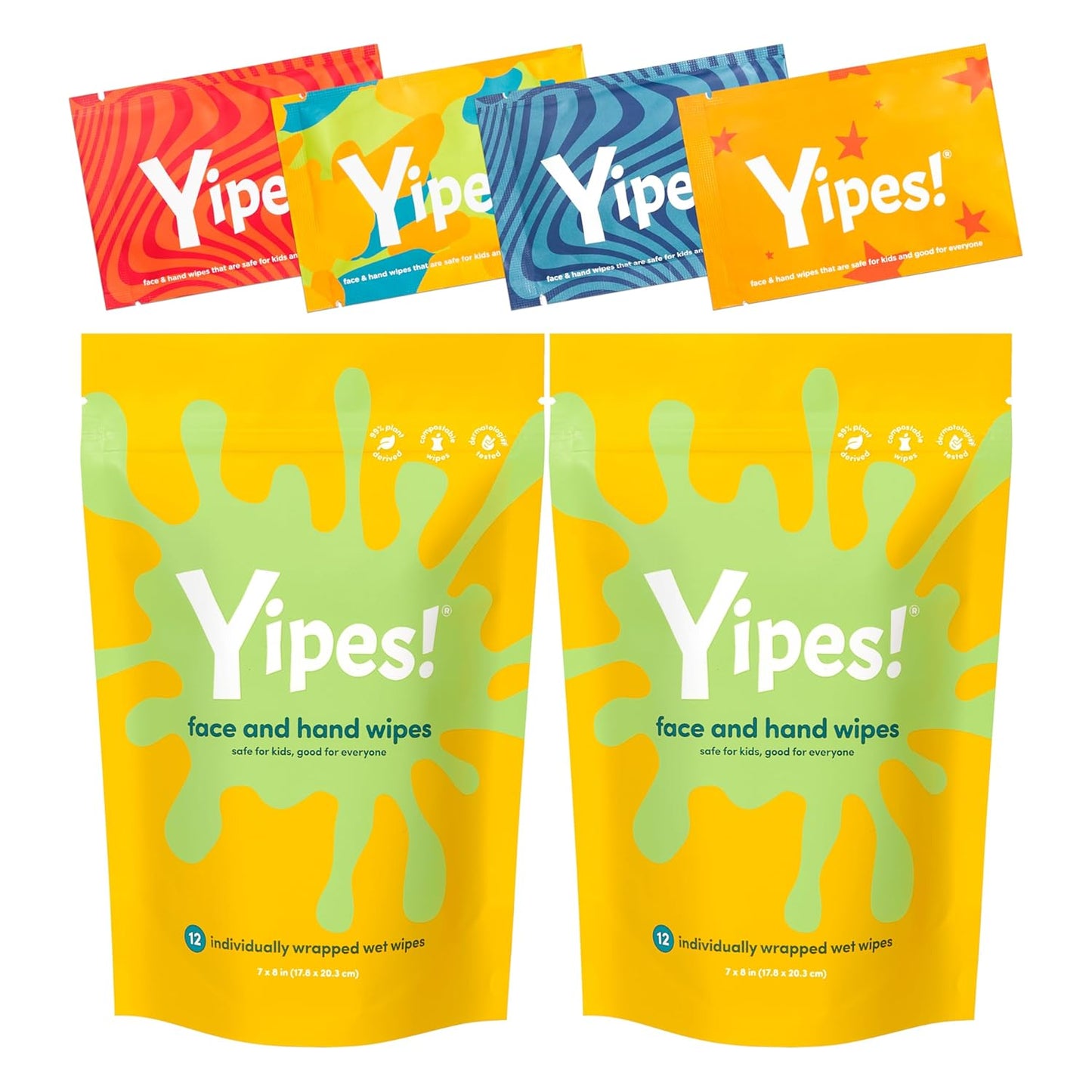 Yipes! Kids Face and Hand Wipes | Compostable Wet Wipes for Sensitive Skin | Individually Wrapped | Classroom Must Haves | Travel Essentials | For Backpacks, Lunchboxes, Classroom Supplies | 2 pack