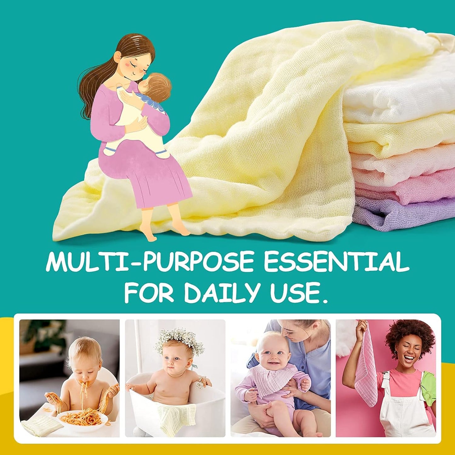 MUKIN Baby Muslin Washcloths, Natural Cotton, Soft Newborn Face Towel, 5 Pack, 12 x 12 inches (White,Pink,Yellow,Purple)