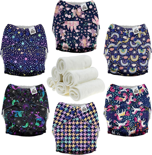 Mama Koala 3.0 Cloth Diapers for Babies with AWJ Lining, 6 Pack with 6 Natural Cloth Diaper Inserts - Reusable and Washable Pocket Diapers (Beautiful Fairy Tale)