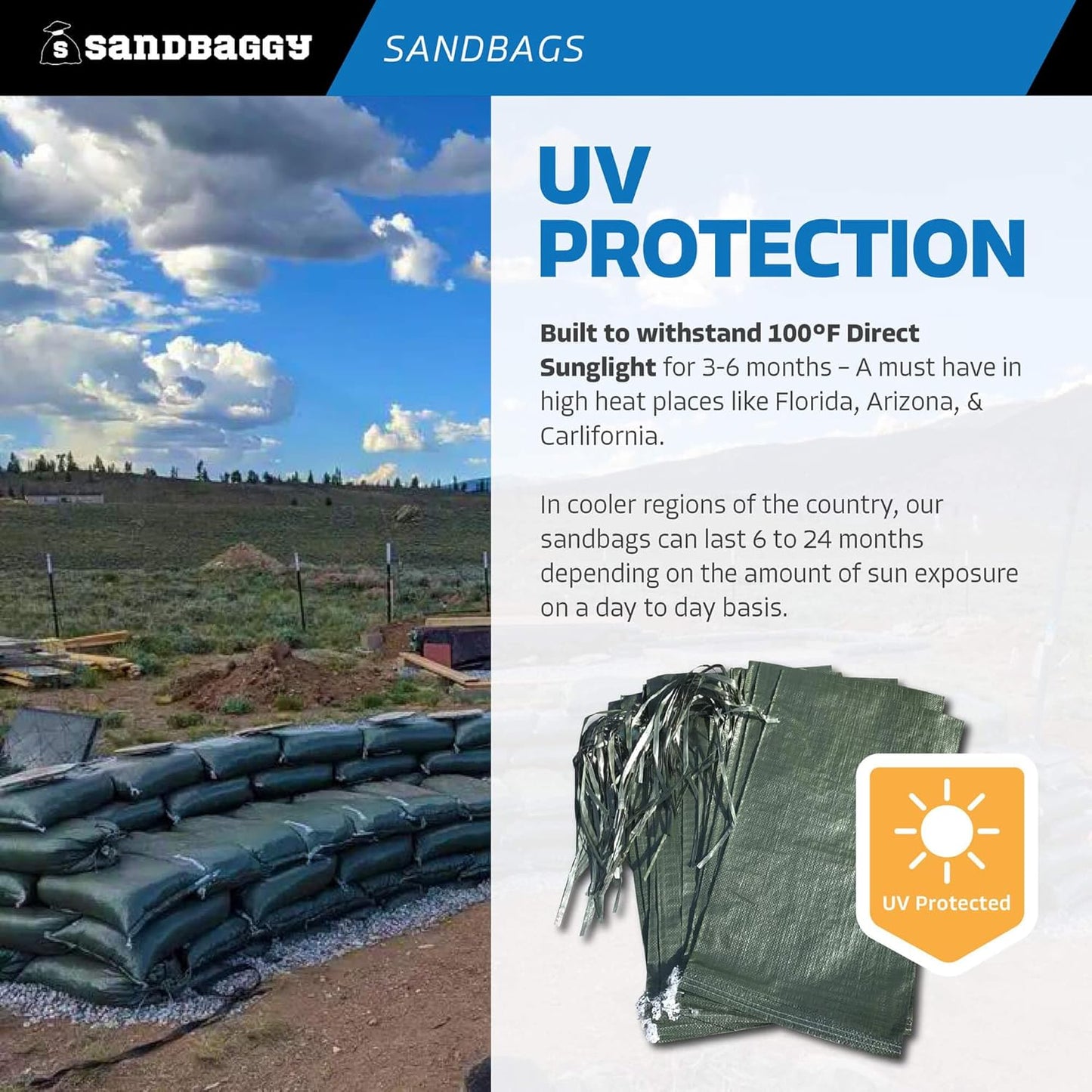 Sandbaggy - Heavy Duty Empty Sandbags For Flooding (14" X 26") - Poly Sand Bags - Flood Barrier, Weight, Construction, Earth Bag Homes - Reusable, UV Resistant - Tie Strings Attached (50 Bags)