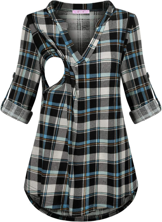 Joymom Maternity Rolled Long Sleeve Nursing Tops Tunic Blouses Breastfeeding