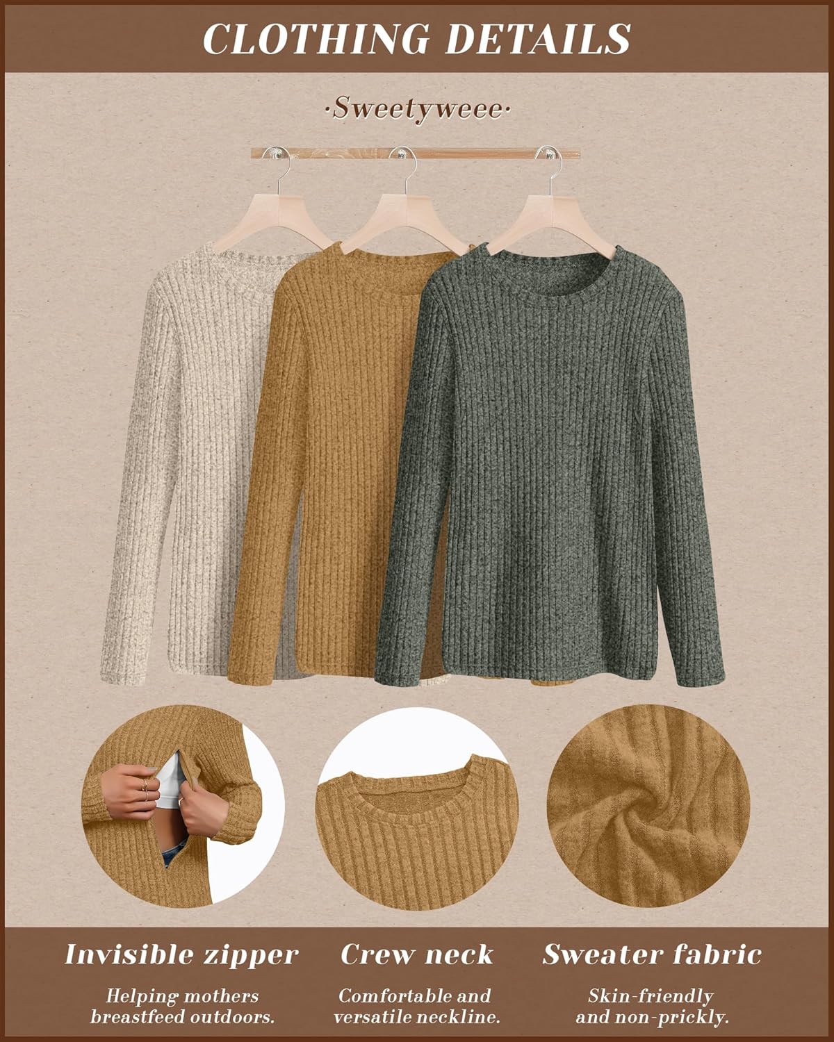 3 Pack Women's Nursing Long Sleeve Tops Breastfeeding Thermal Sweaters with Hidden Zipper Maternity Ribbed Shirts