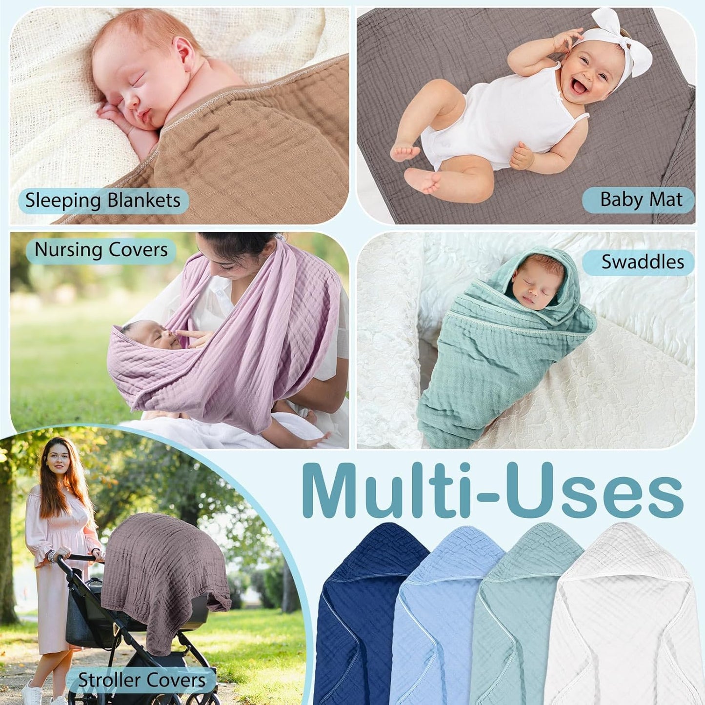 Peryiter 4 Pcs Muslin Hooded Baby Towels, 32"x 32" Cotton Newborn Bath Towel Muslin Infant Baby Blankets Absorbent Unisex Christmas Registry Gift Essentials for Girls Boys (Blue Series)
