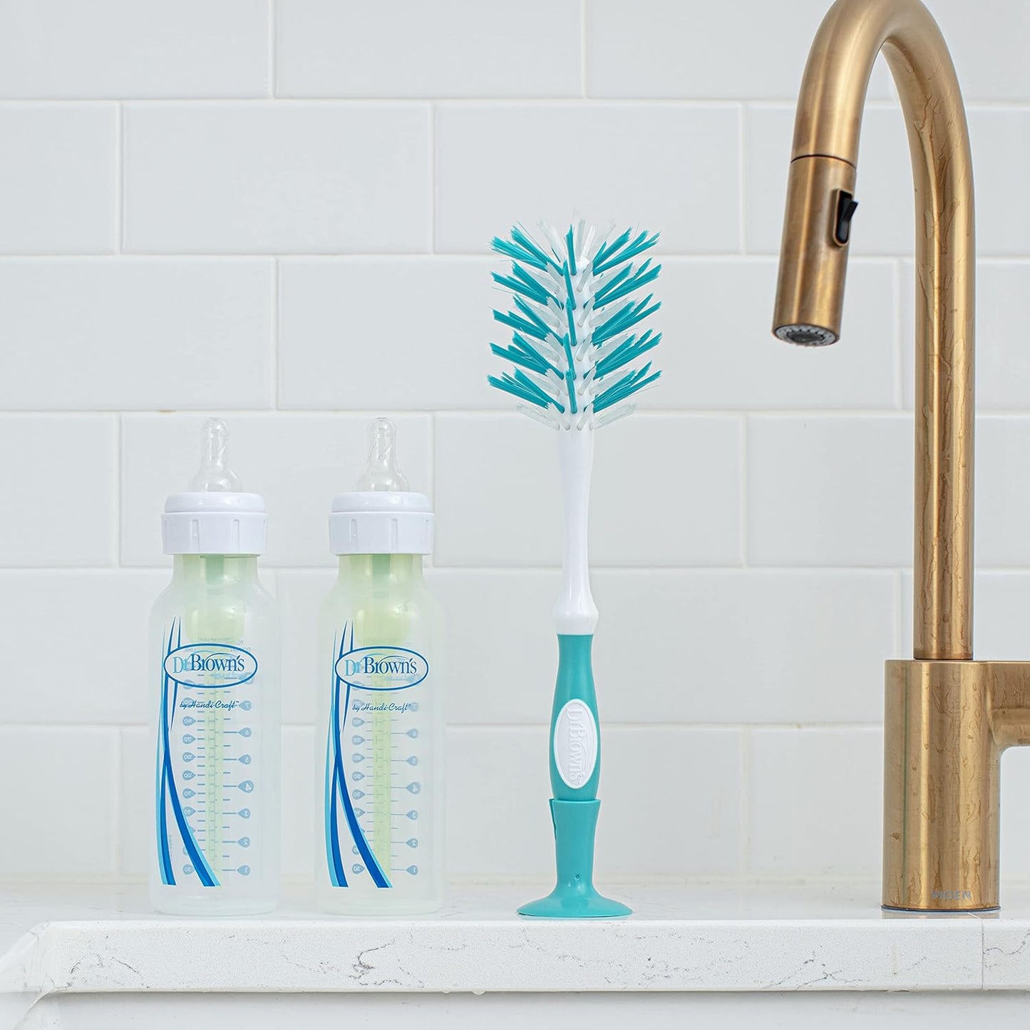 Dr. Brown's Deluxe Bottle Brush, Cleaning Brush for Baby Bottles, Nipples, and Sippy Cups with Suction Cup Stand & Bonus Brush, BPA Free (Pack of 12)