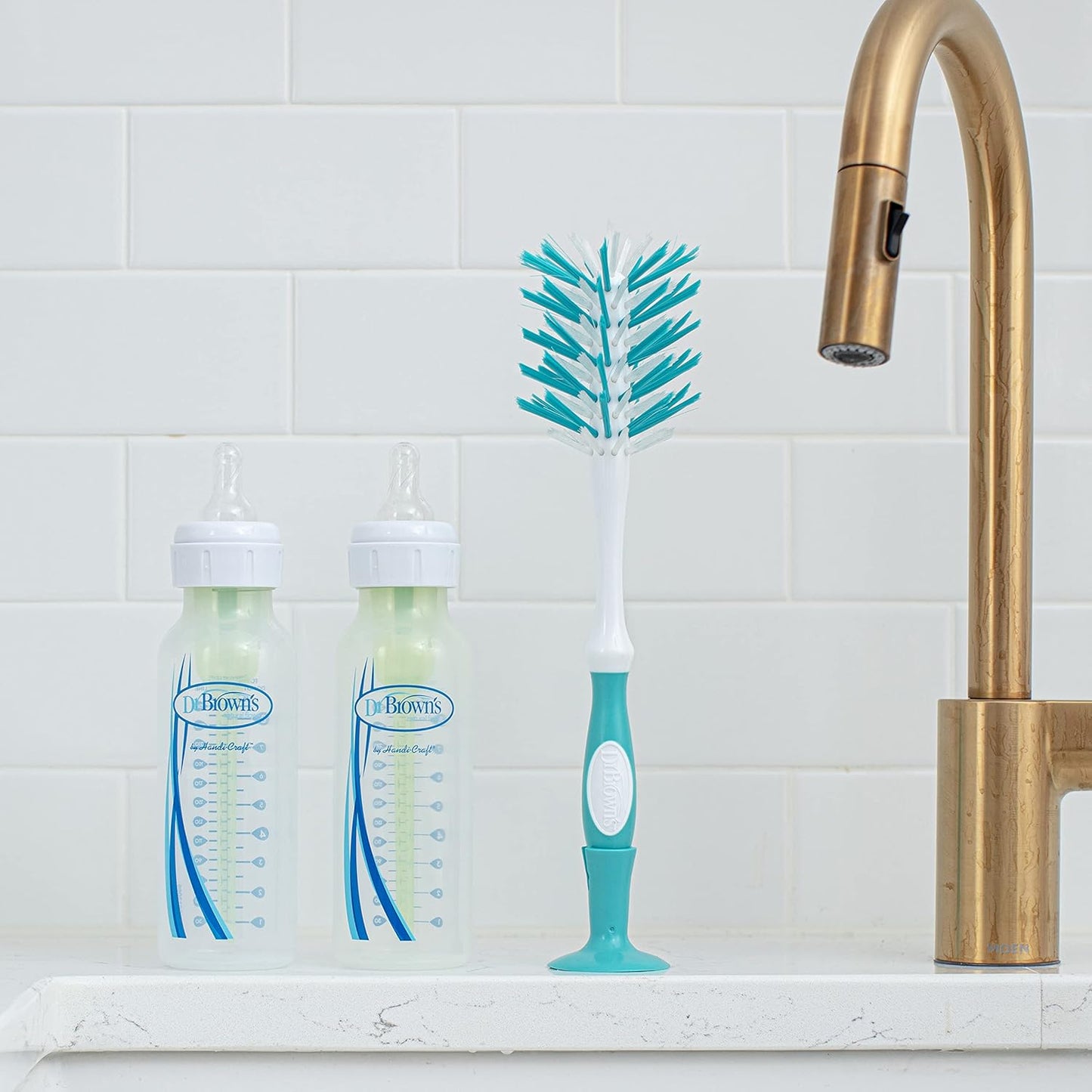 Dr. Brown's Deluxe Bottle Brush, Cleaning Brush for Baby Bottles, Nipples, and Sippy Cups with Suction Cup Stand & Bonus Brush, BPA Free