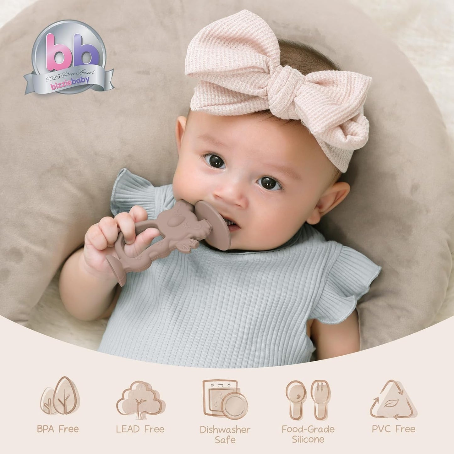 Moonkie Teething Toy, Safe & Easy to Hold BPA Free Silicone Teethers, 360° Baby Toothbrush with Suction Base, Teether Toys Best for Babies 6-12 Months (Koala Lunar Grey)