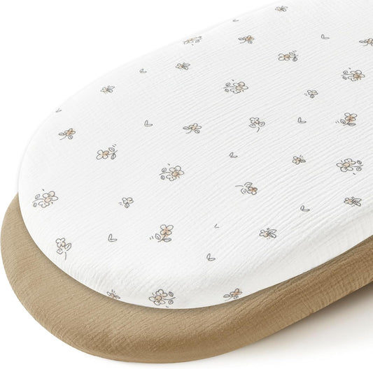 JELLYMONI 2-Pack Muslin Bassinet Sheets for Girls Boys, 100% Cotton Bassinet Mattress Sheets Soft Breathable Universal Fit for Baby Bassinets, Moses Basket, Hourglass Oval and Rectangle Mattress