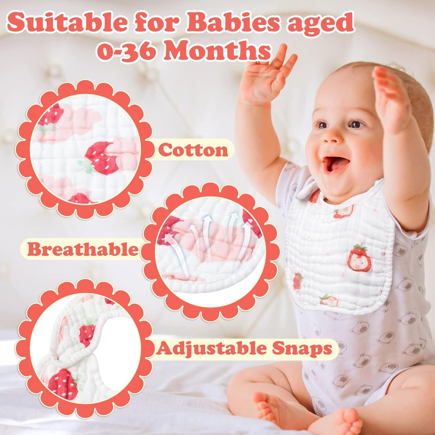 Zainpe 6Pcs Snap Muslin Cotton Baby Bibs Strawberry Lemon Avocado Pattern Infants Feeding Bib Adjustable Machine Washable Unisex Burp Cloths with 6 Absorbent & Soft Layers for Drooling and Teething