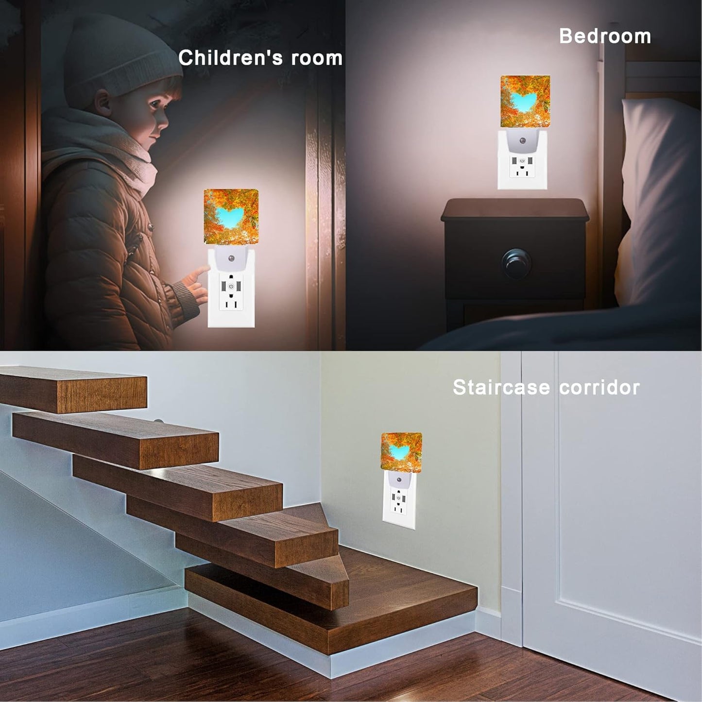 Blue Heart Sky Night Light,Autumn Red Maple Leaves Forest Trees Plug-in Night Lights with Dusk-to-Dawn Sensor for Stairway/Hallway/Bedroom Sleep Friendly Ideal for Women/Girls/Boys Gift,0.5W