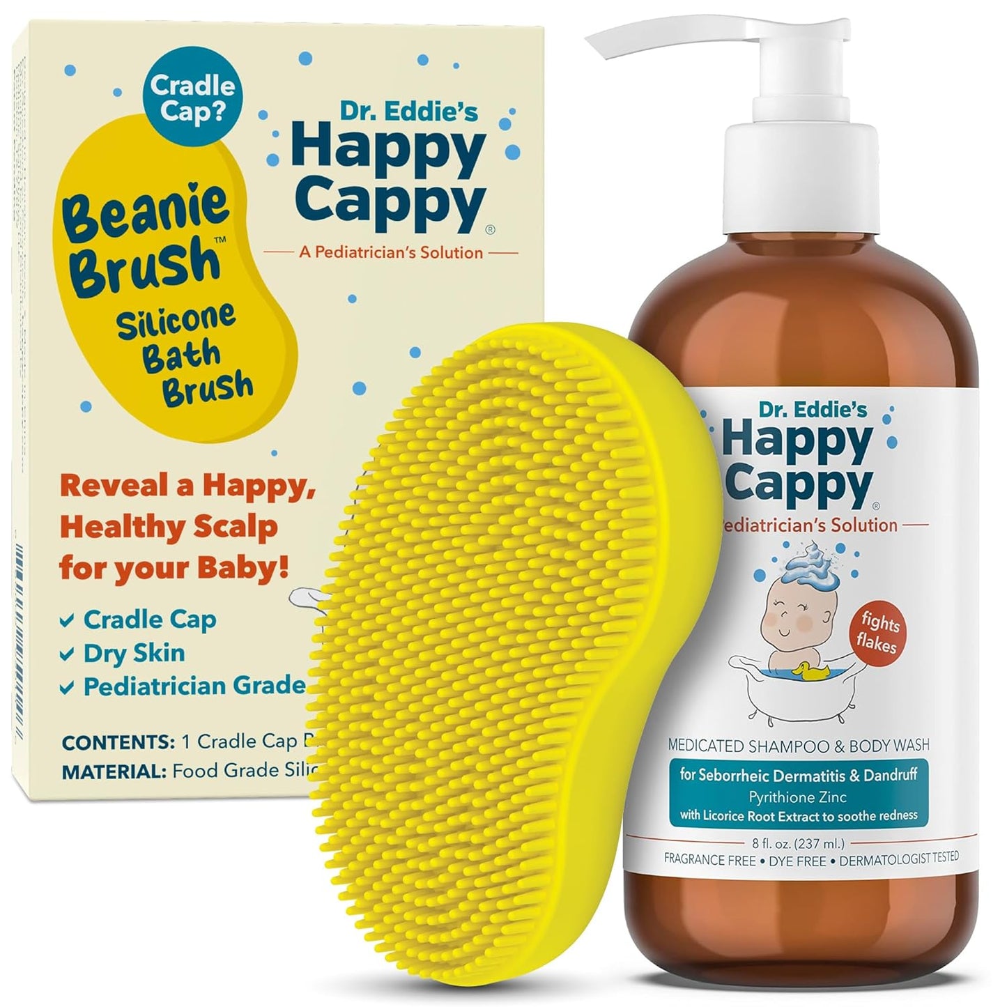 Happy Cappy Cradle Cap Medicated Shampoo and Body Wash with Beanie Brush - Baby Dandruff Shampoo, Helps Infants with Seborrheic Dermatitis, Dermatologist Tested, Fragrance-Free, Gentle Baby Scalp Scrubber - 2 Pieces