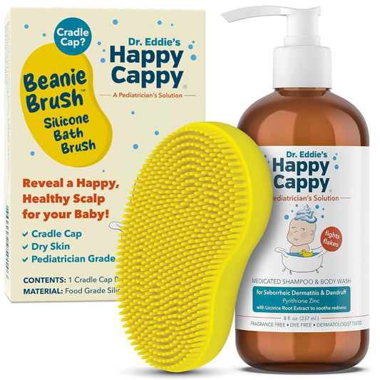 Happy Cappy Cradle Cap Medicated Shampoo and Body Wash with Beanie Brush - Baby Dandruff Shampoo, Helps Infants with Seborrheic Dermatitis, Dermatologist Tested, Fragrance-Free, Gentle Baby Scalp Scrubber - 2 Pieces