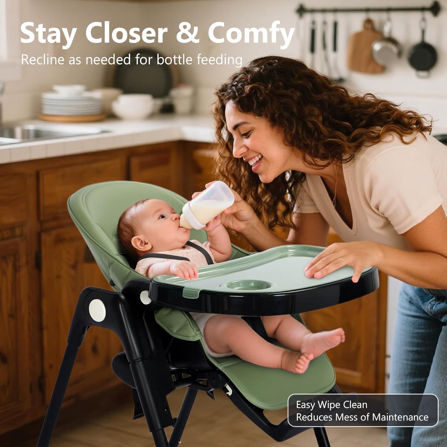 Kinder King Convertible High Chair for Babies & Toddlers, Adjustable Baby Feeding High Chair with Removable Double Tray, Simple Compact Fold for Space-Saving, 2 Built-in Wheels, Easy to Clean, Green