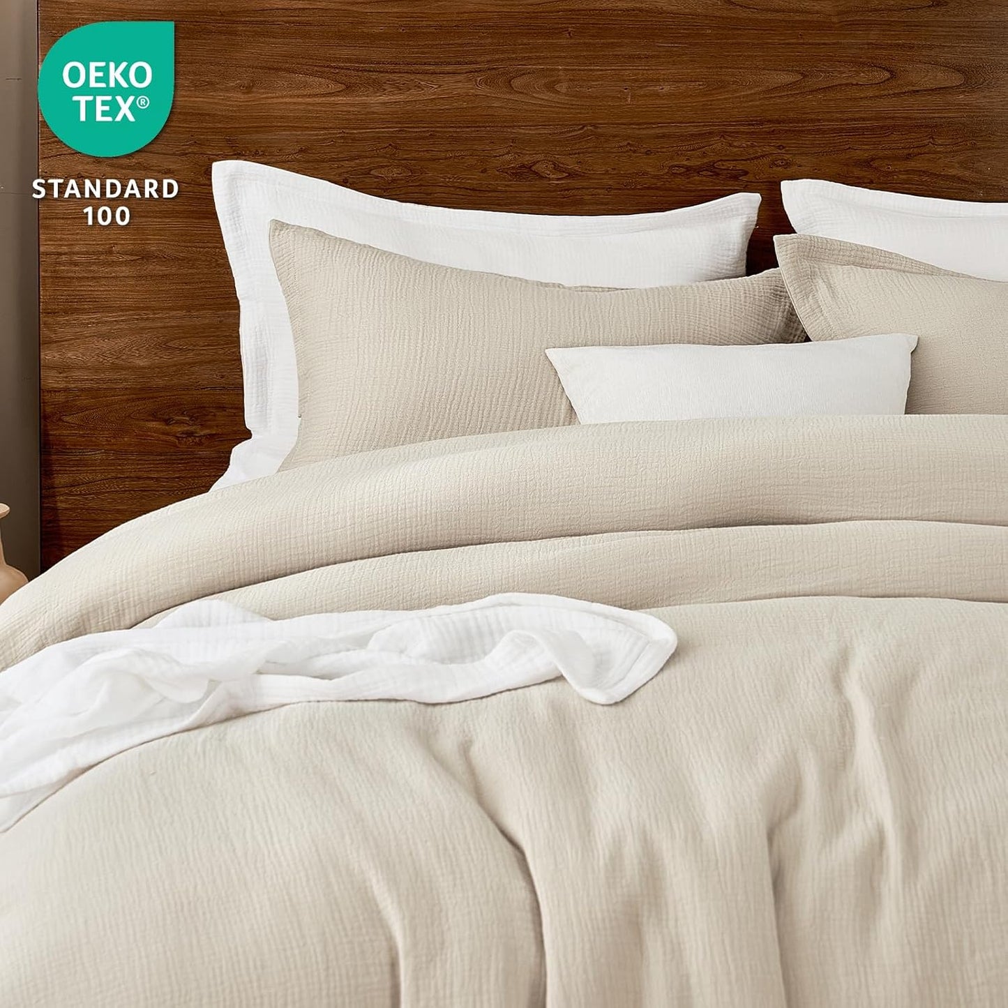 PHF Cotton Muslin Comforter Set King Size – Ultra Soft, Breathable & Lightweight Bedding Set for All Seasons, 3 Pieces - 1 Comfy Comforter 104"x90", 2 Pillow Shams 20"x36", Natural