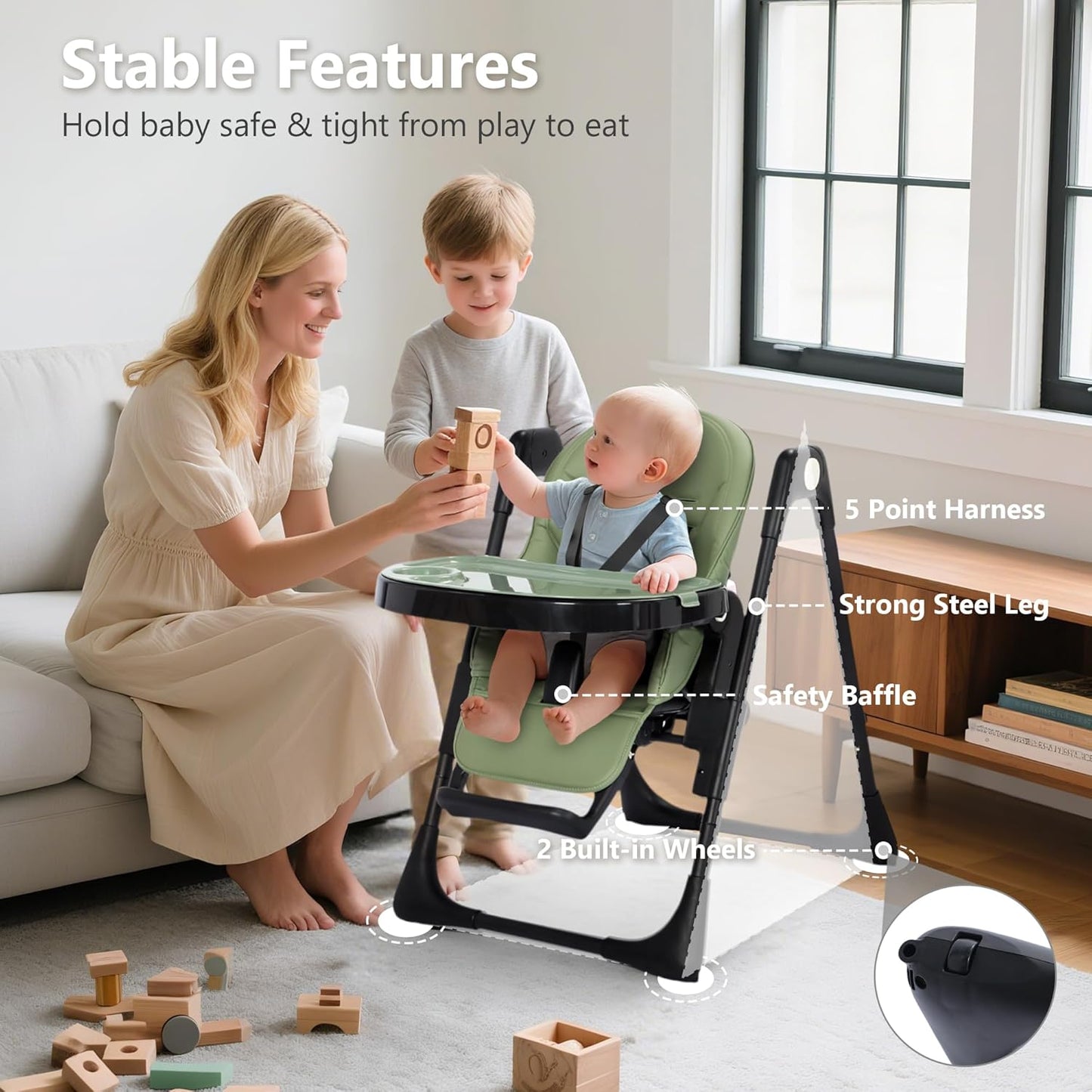 Kinder King Convertible High Chair for Babies & Toddlers, Adjustable Baby Feeding High Chair with Removable Double Tray, Simple Compact Fold for Space-Saving, 2 Built-in Wheels, Easy to Clean, Green