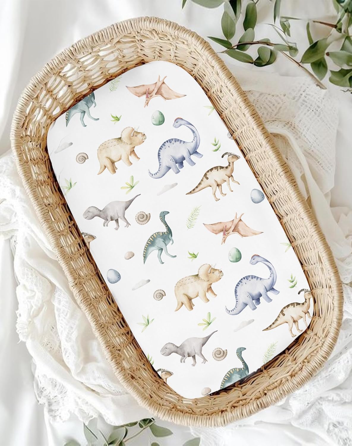 Bassinet Sheets for Baby Girls Boys 2 Pack, Fitted Baby Mattress Sheet for Rectangle, Oval, Hourglass Bassinet Mattress, Breathable Cozy & Universal Fit (Dino Pals)