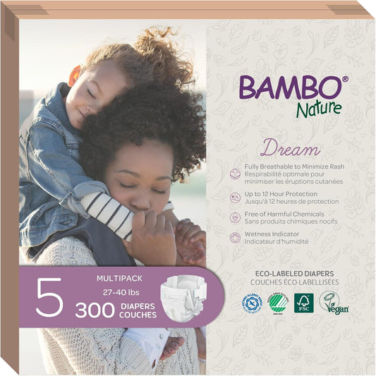 Bambo Nature Hypoallergenic Dream Baby Diapers, Premium Eco-Labeled Sustainable Diapers, Enhanced Leakage Protection, Totally Chlorine-free, Skin Friendly, and Super Absorbent - Size 5 (300 Count)