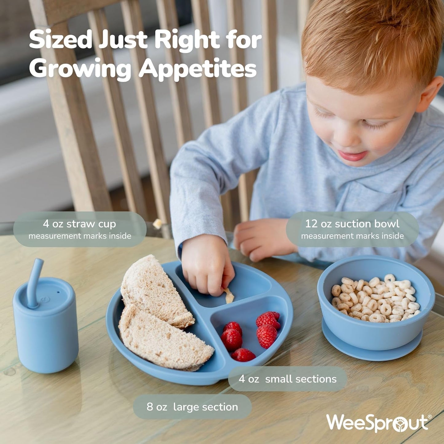 WeeSprout Baby Led Weaning Bundle, Silicone Suction Bowl, Spoons, Bib & Cup, Develops Self Feeding Skills, Dishwasher Safe (Blue)