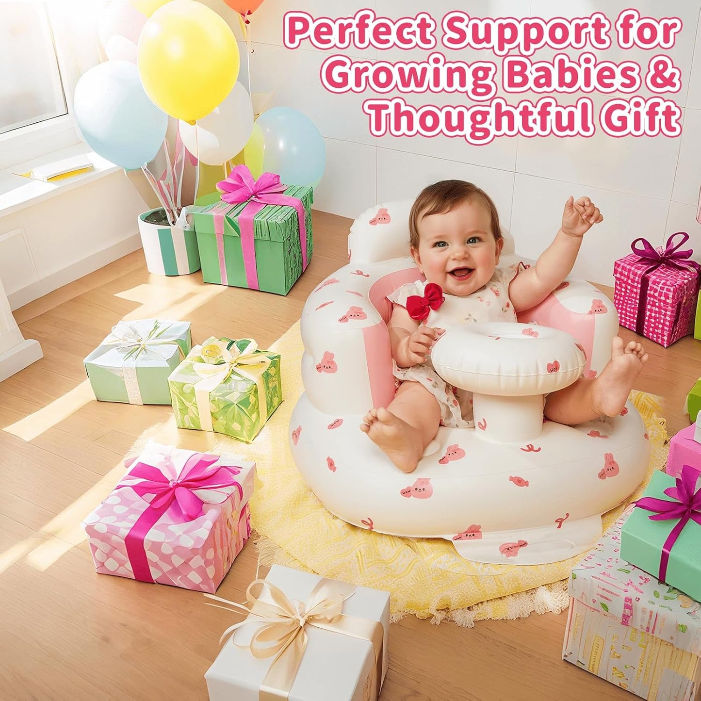 Inflatable Baby Seat for Infans for Sitting Up,Baby Chair Sit Me Up with Tray and Back Support,Learning to Sit for 4-36 Months,Includes Built-in Air Pump(Pink Bunny)