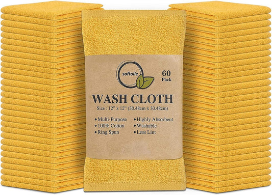 Softolle 100% Cotton Washcloths 60 Pack (12x12 Inches) Soft, Highly Absorbent Washcloth, Face Towels, Wash Cloths for Face, Ring Spun, Bulk Pack (Yellow)