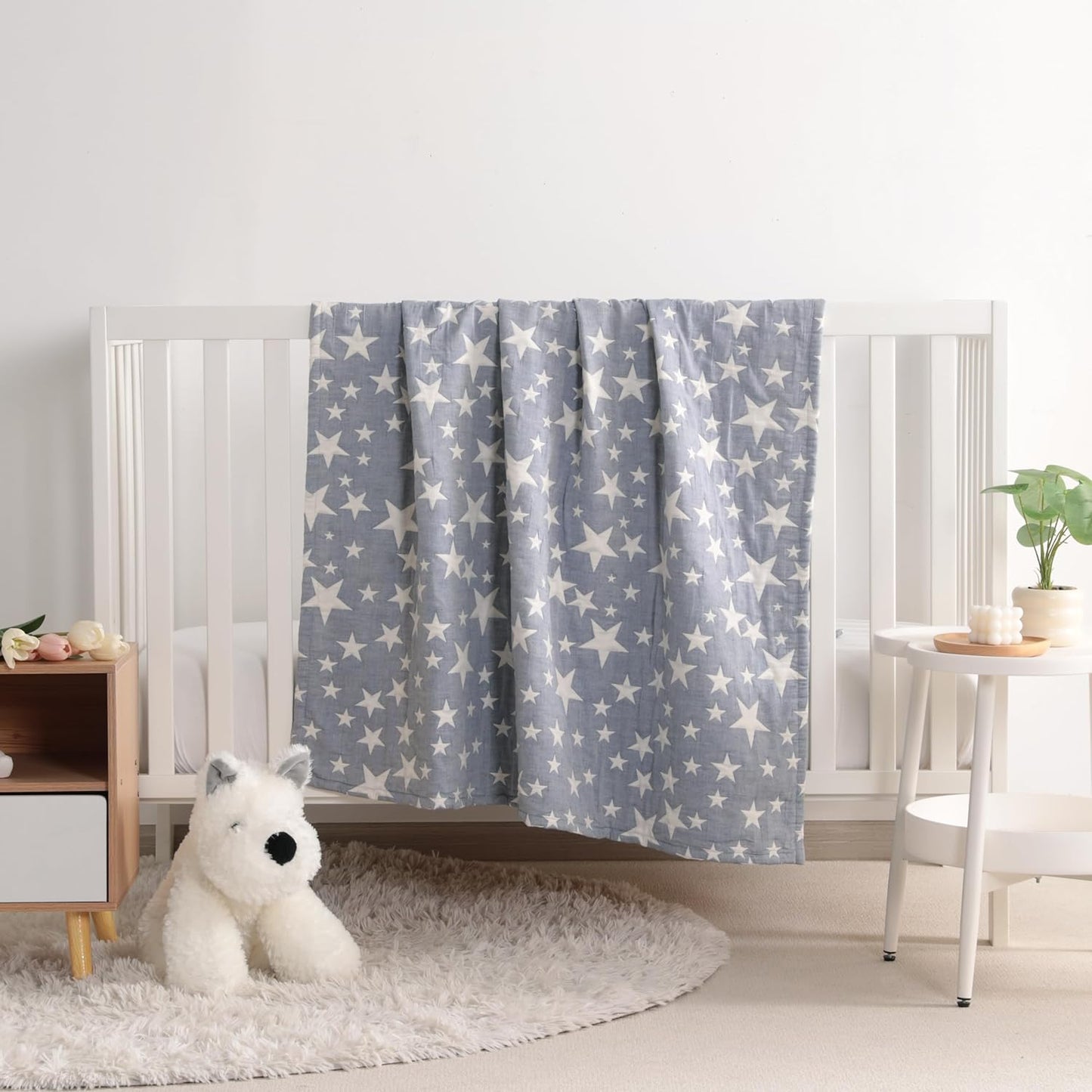 NTBAY 3 Layer Oversized Muslin Cotton Toddler Blanket, 45x60 Inches Jacquard Reversible Nursery Bed Blanket, Super Soft and Thermal Crib Blanket for All Seasons, Baby Gift, 45"x60", Blue/White Star