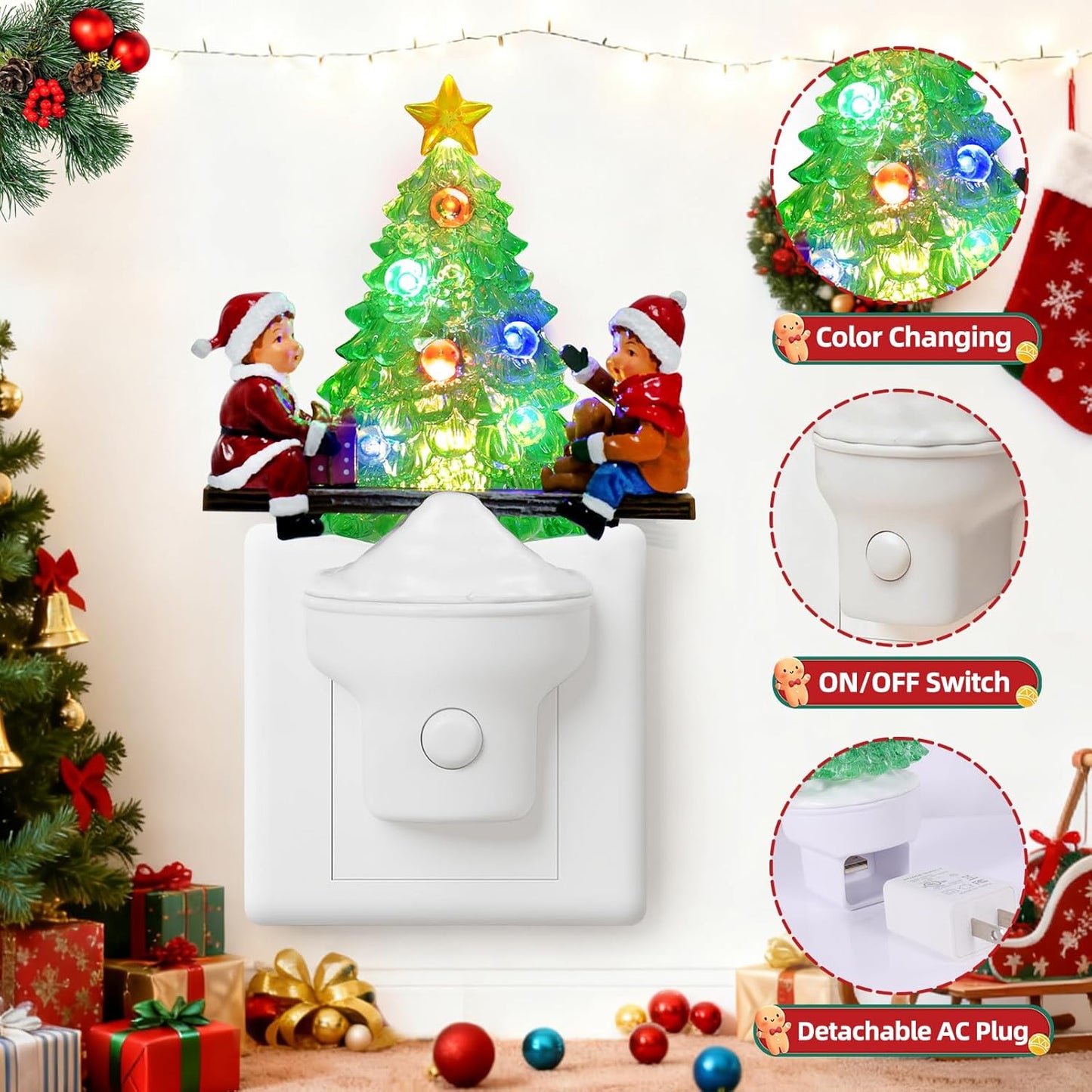 Christmas Tree Night Light Plug into Wall USB Portable Christmas Decorative Night Light Decoration for Kids Adults Bedroom Kitchen Living Room Holiday Decor (Children Seesaw)