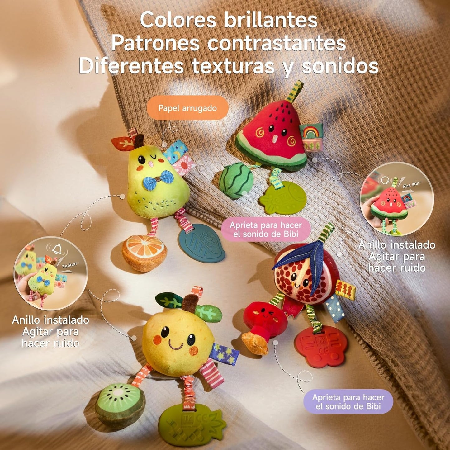 TUMAMA Hanging Toys for Baby Gym, 4 Pack Fruit Crib Stroller Baby Gym Mobile Plush Toys with Teether, Hanging Rattle Toys, Car Seat Toys for Babies 0-6 Months Boy