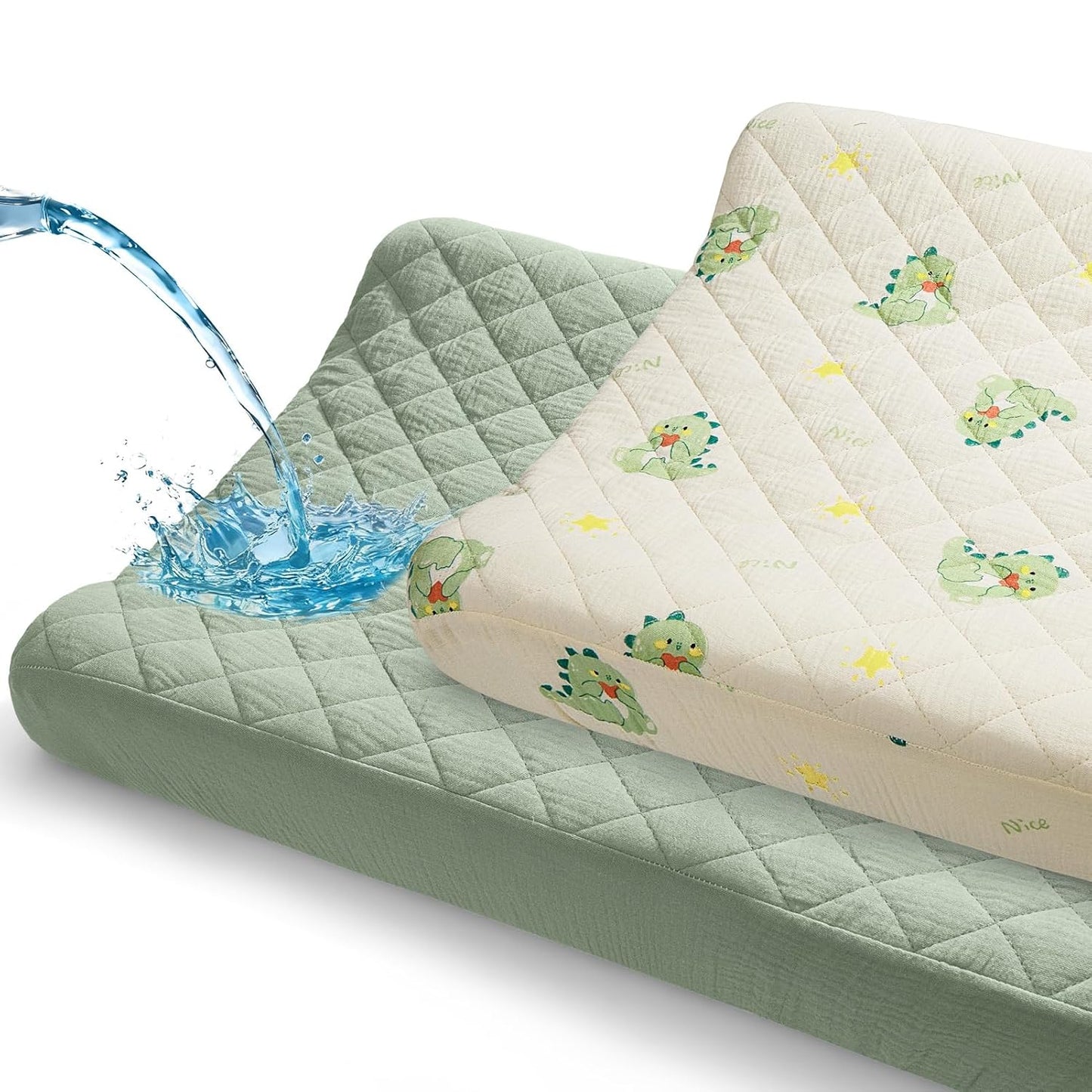 Unicorn Castle Waterproof Changing Pad Cover Muslin Changing Table Pad Cover 2 Pack Quilting for 32"x16" Baby Changing Pad Sheets Girls Boys,Green Dinosaur