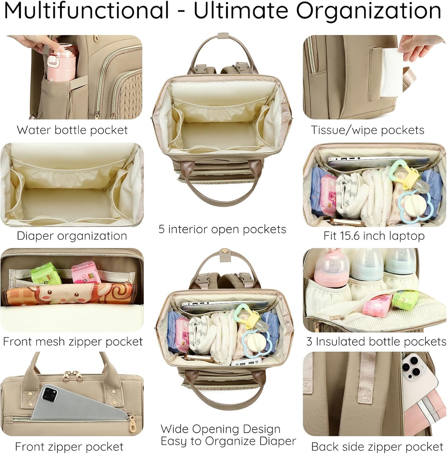 AIJIEKE Diaper Bag, Large Wide-Open Baby Diaper Backpack, Multi-functional Baby Travel Tote Bag, Diaper Bag with Changing Pad, Diaper Bags for Mom & Maternity (Brown Taupe)