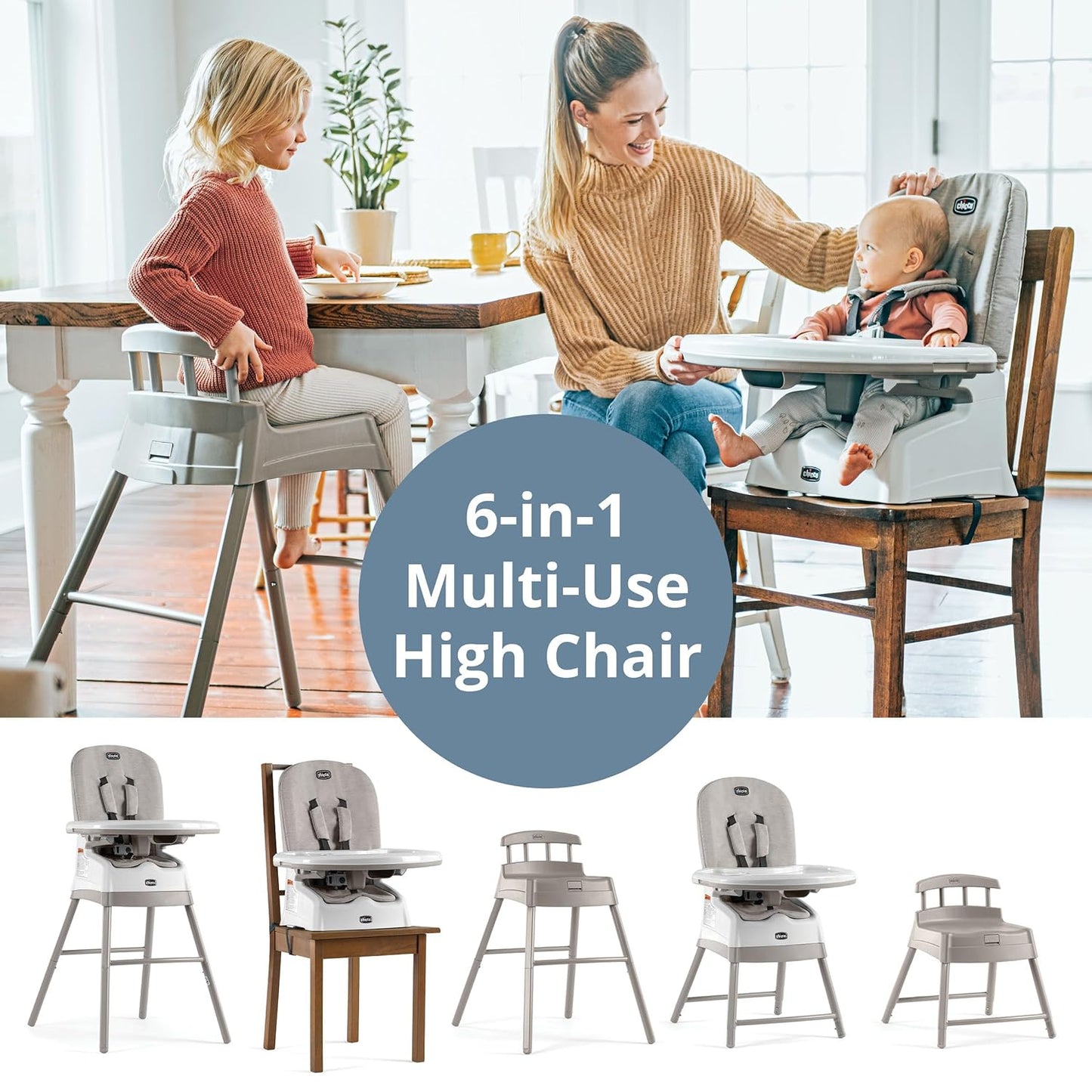 Chicco Stack® Hi-Lo 6-in-1 Multi-Use Convertible High Chair, Reclining High Chair for Babies and Toddlers Easy-Clean Baby Booster Toddler Seat Combo | Sand/Beige