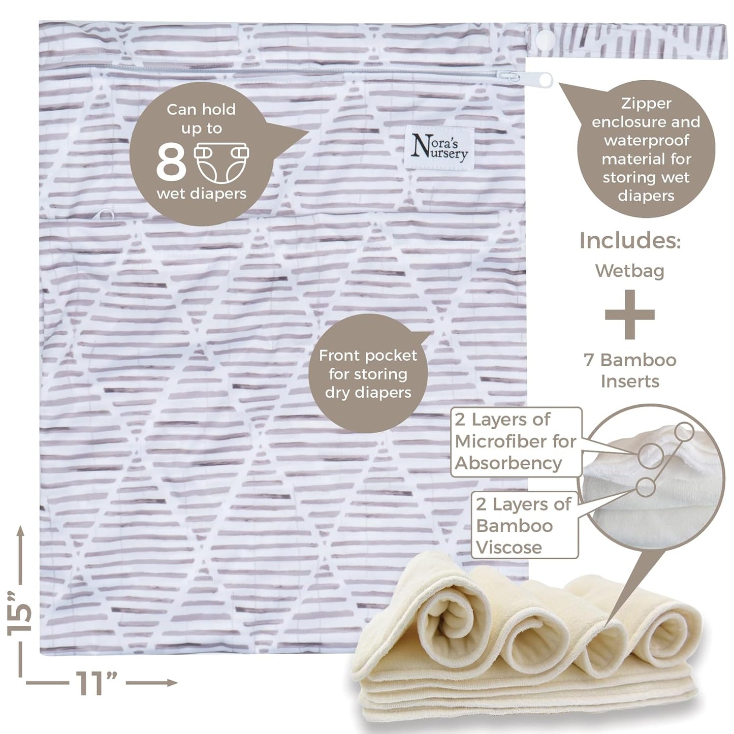 Nora's Nursery Cloth Diapers 7 Pack with 7 Inserts & 1 Wet Bag - Waterproof Cover, Washable, Reusable & One Size Adjustable Pocket Diapers for Newborns and Toddlers - Oasis