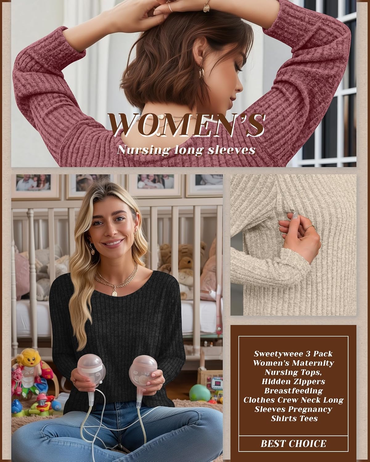 3 Pack Women's Nursing Long Sleeve Tops Breastfeeding Thermal Sweaters with Hidden Zipper Maternity Ribbed Shirts