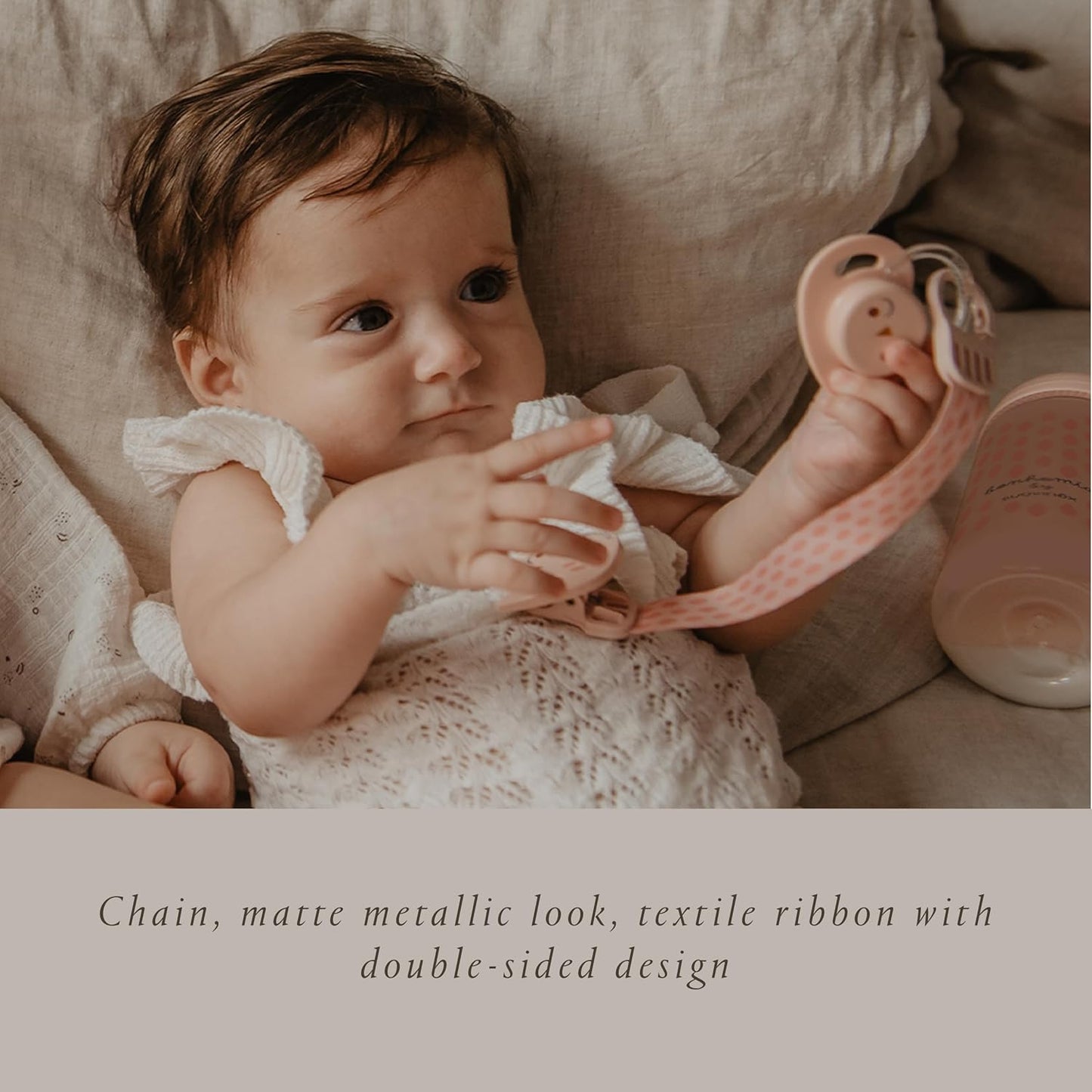 Suavinex Bonhomia Premium Baby Pacifier Clip with Ribbon, Stylish Binky Clips with Double Sided Design, Baby Accessories, Baby Essentials (0mo+), Pink